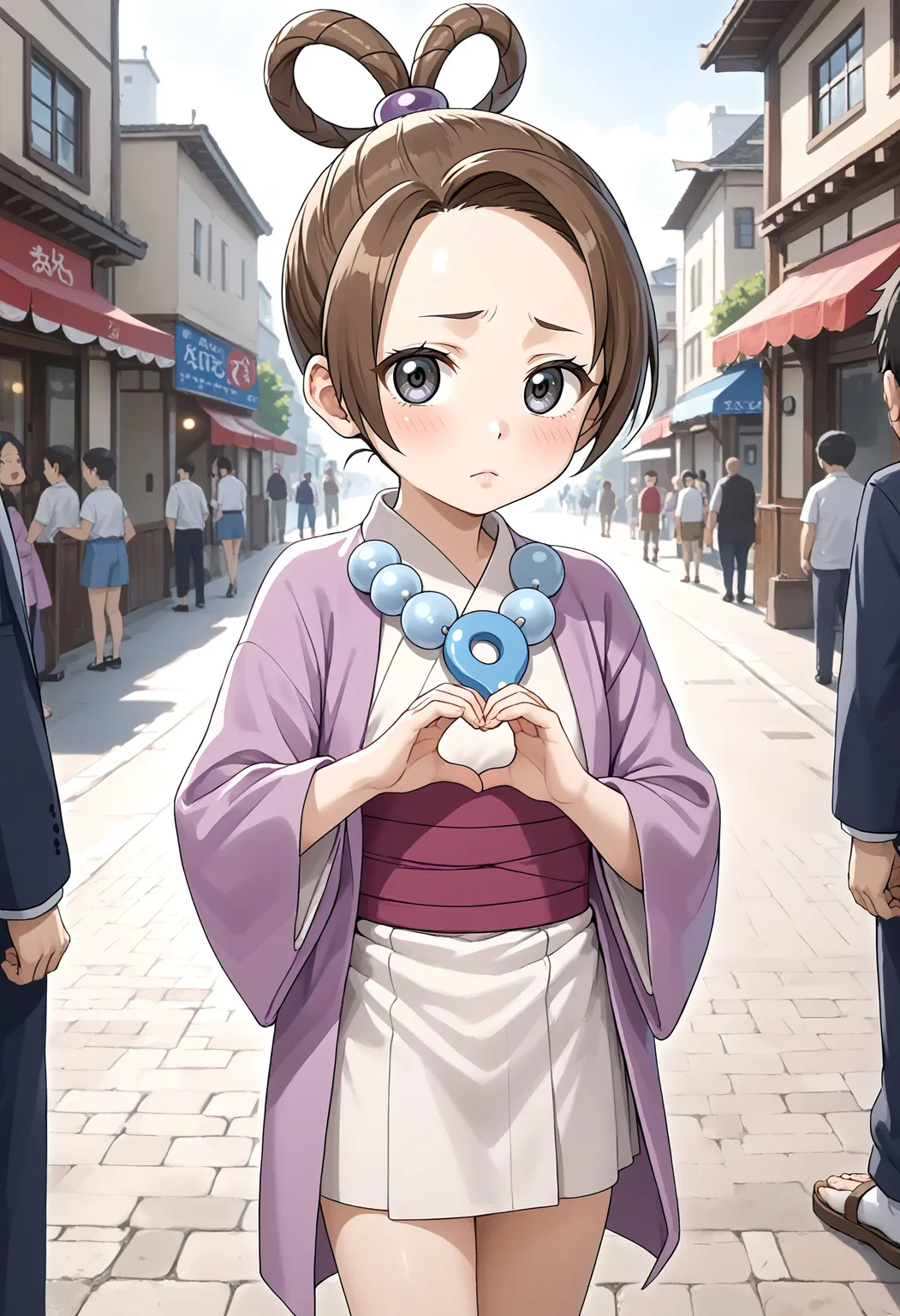 <lora:Hyper-SDXL-8steps-lora:1> <lora:Fixhands_anime_bdsqlsz_V1:1> zPDXL2, score_9, score_8_up, score_7_up, source_anime, intricate details, perfect anatomy BREAK
outdoors, city, tokyo, japan, audience, crowd, standing , heart hand duo, cowboy shot, looking at viewer, dutch angle, Bored, A slack jaw, drooping eyelids, and a slightly uninterested gaze., 1girl, solo, solo focus,
<lora:AA-pearl_fey_XL(pony)v10:1> ayasatoharumi, brown hair, hair rings, grey eyes, hair ornament, magatama necklace, ayasatoharumi outfit, purple kimono, red obi, black sandal,