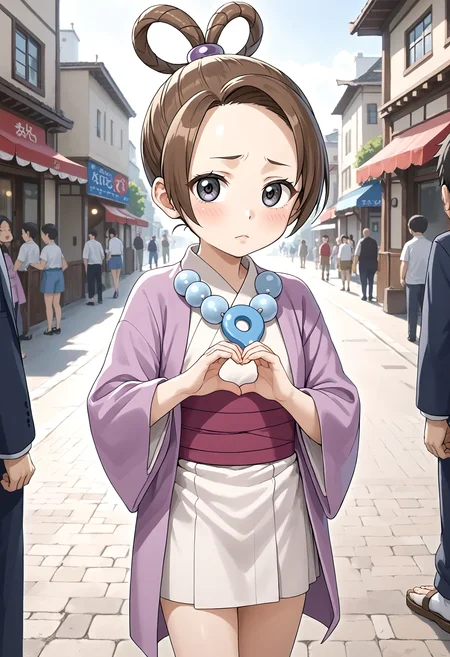 <lora:Hyper-SDXL-8steps-lora:1> <lora:Fixhands_anime_bdsqlsz_V1:1> zPDXL2, score_9, score_8_up, score_7_up, source_anime, intricate details, perfect anatomy BREAK
outdoors, city, tokyo, japan, audience, crowd, standing , heart hand duo, cowboy shot, looking at viewer, dutch angle, Bored, A slack jaw, drooping eyelids, and a slightly uninterested gaze., 1girl, solo, solo focus, 
<lora:AA-pearl_fey_XL(pony)v10:1> ayasatoharumi, brown hair, hair rings, grey eyes, hair ornament, magatama necklace, ayasatoharumi outfit, purple kimono, red obi, black sandal,