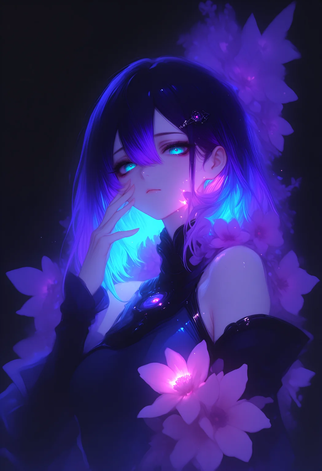 masterpiece, best quality, good quality, newest, highres, absurdres, 1girl, solo, breasts, looking at viewer, blue eyes, hair ornament, dress, hair between eyes, closed mouth, bare shoulders, blue hair, upper body, purple hair, flower, multicolored hair, detached sleeves, sleeveless, hairclip, medium hair, hand up, aqua eyes, aqua hair, blue dress, pink flower, hand on own face, purple flower, hair behind ear, glowing, xxx667_illu <lora:illustriousXL_stabilizer_v1.23:0.3> <lora:NOOB_vp1_detailer_by_volnovik_v1:0.3> <lora:ponyv6_noobE11_2_adamW-000017:0.3> <lora:XXX667:1>