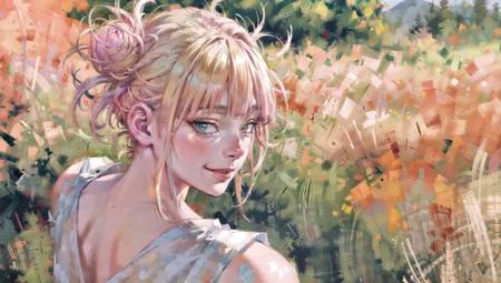 masterpiece, ultrarealism,
1girl, (((white dress, cute dress))), (perfect hands:1.1), (Solo:1.2),  portrait, closeup, view from the back, blond hair,  look at the viewer, cute smiling, amazing eyes, detailed eyes,
dazzling rays of the sun, sunset, amazing background, stands in the center, best shadows, strong depth of field, fields, hill, greenery, grass,
<lora:TogaHimikoLoRA:1>, (realistic:1.3), epic realistic, detailed, 4k, <lora:add_detail:1>, oil painting, <lora:bichu_oil_painting:1>