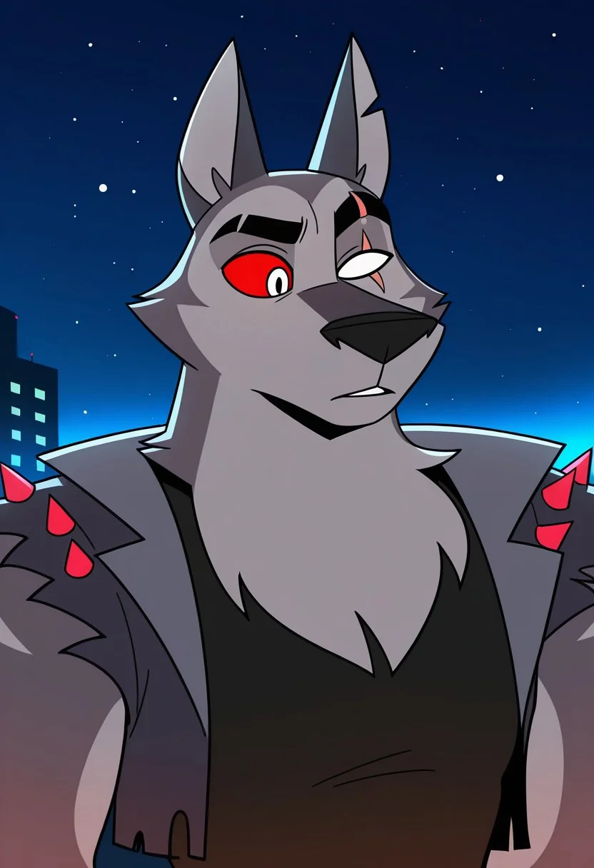 MASTERPIECE, AMAZING QUALITY, 1BOY, TEX, FURRY, SINGLE WHITE EYE, SILVER EYE, RED SCLERA, EYE SCAR, GREY FUR, SPIKED VEST, SHIRT, NIGHT