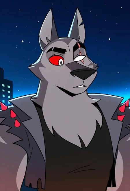 MASTERPIECE, AMAZING QUALITY, 1BOY, TEX, FURRY, SINGLE WHITE EYE, SILVER EYE, RED SCLERA, EYE SCAR, GREY FUR, SPIKED VEST, SHIRT, NIGHT