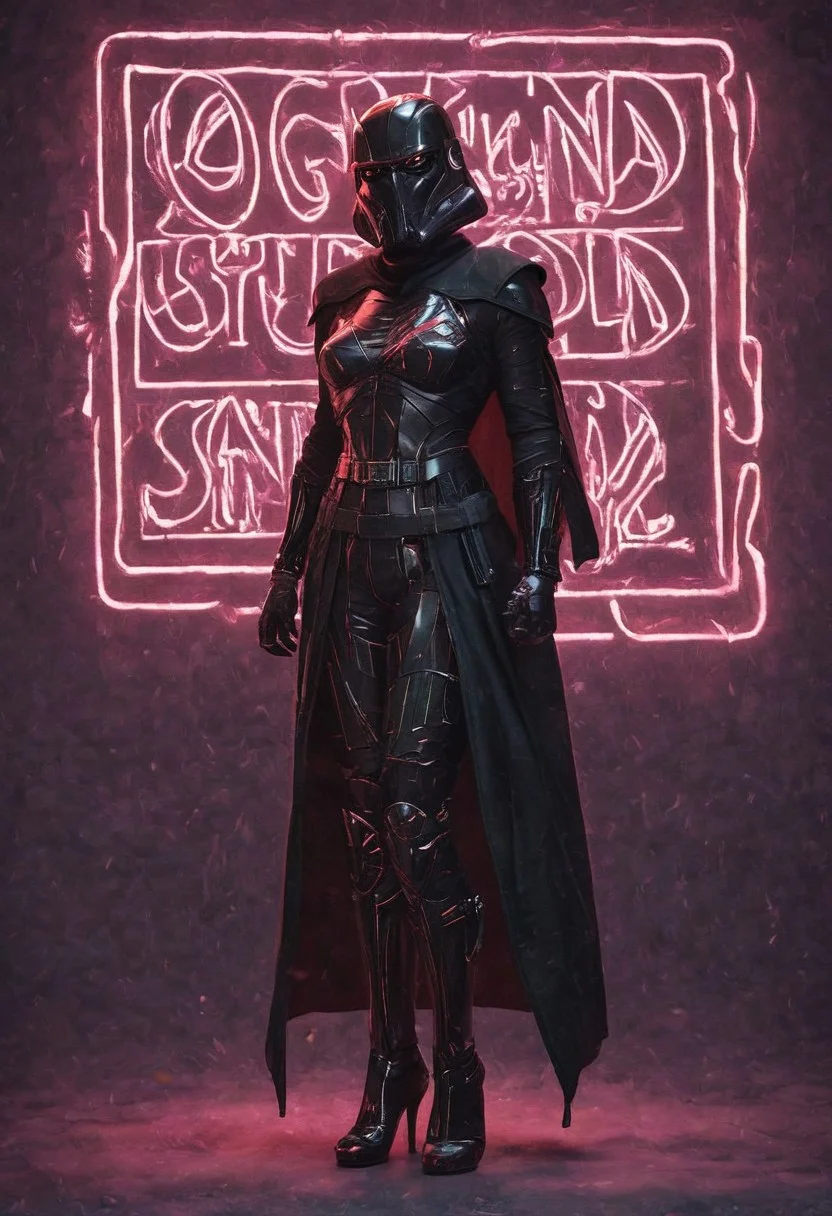 score_9, score_8_up, score_7_up, score_7, score_6_up, photo, detailed, full body, tack sharp, sharp focus, raw, realistic, highest quality, masterpiece, solo, Darth Vader in neon pink uniform, high heels, pink helmet on, very detailed dynamic Star Wars hangar as background, ((nsgzz, "DOING EVERYTHING FOR BUZZ!" (text), text focus, text, neon sign, white text, pink theme, glow)), d3t41l3d, full body