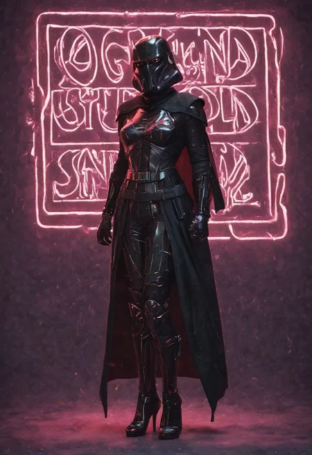 score_9, score_8_up, score_7_up, score_7, score_6_up, photo, detailed, full body, tack sharp, sharp focus, raw, realistic, highest quality, masterpiece, solo, Darth Vader in neon pink uniform, high heels, pink helmet on, very detailed dynamic Star Wars hangar as background, ((nsgzz, "DOING EVERYTHING FOR BUZZ!" (text), text focus, text, neon sign, white text, pink theme, glow)), d3t41l3d, full body