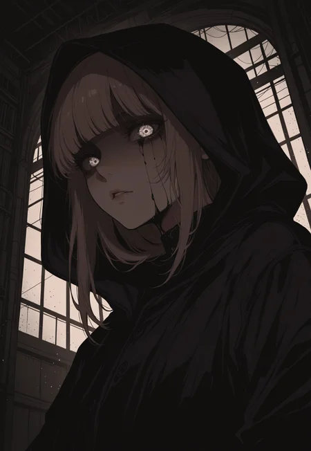 solo, ethereal, ultra-detailed, cinematic lighting, halfturned, particles, mesmerizing, portrait, (from below:0.7),
industrial background, dark,
horror,
black aura, black liquid,
(no eyes:1.2), (shadowed face:1.1), anguished,
from side, turned to viewer, silver eye pupil,
1girl, short brown hair, bangs, black coat with hood on, (dark blue jeans, brown shoes:0.3),
masterpiece,best quality,amazing quality, detailed,