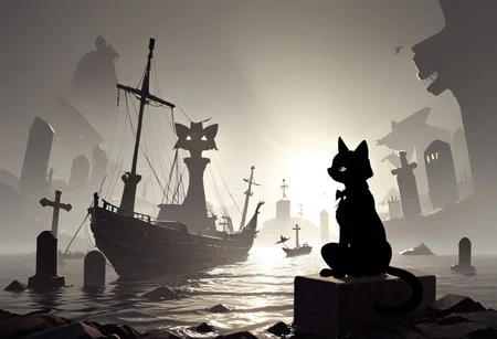 (masterpiece), (score_9, score_8_up, score_7_up,source_anime), 4K8K,
cat, focus. punk,
(scope view, far view), (silhouette cat, black and white cat, tuxedo cat, solo), (solo:1.3), (sitting), scenery,
(leather culottes), (backlighting, silhouette:1.3),
outdoors, (Viking Ship, graveyard, A battered ship that ran aground),
<lora:harada_miyuki_style:1>
<lora:backlighting-000001:1>