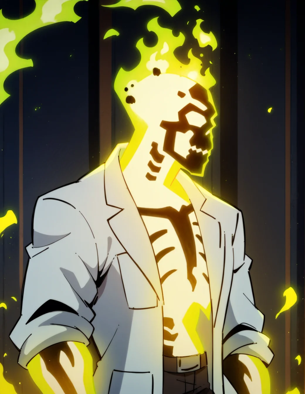 glowing, labcoat, dark background, green fire, solo <lora:Dr._Phosporus:1> drphosporus, score_9, score_8_up, score_7_up, score_6_up, 2d, digital art, masterpiece <lora:Expressive_H:0.4> expressiveh <lora:princess_xl_v2:0.3> <lora:g0th1c2XLP:0.3> g0th1c