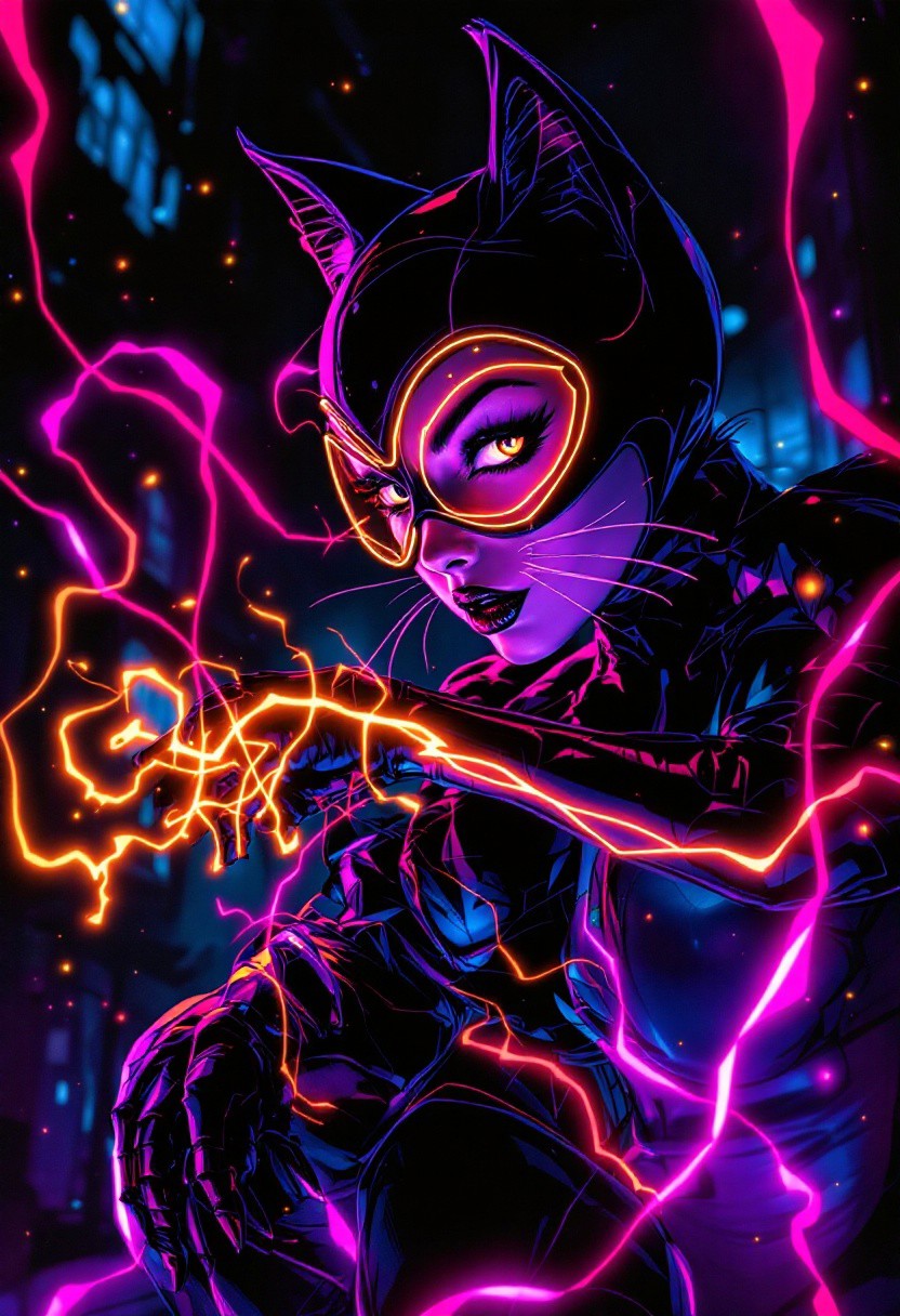 Amaro, neon glowing line drawing, catwoman in Tim Burton style, Medium shot, dynamic pose, Instagram, Neogothic Art, fantastic aesthetic, vibrant, beautiful elegant, ambient, cinematic atmosphere, intricate detail, dynamic cinematic color, intense, imposing background
