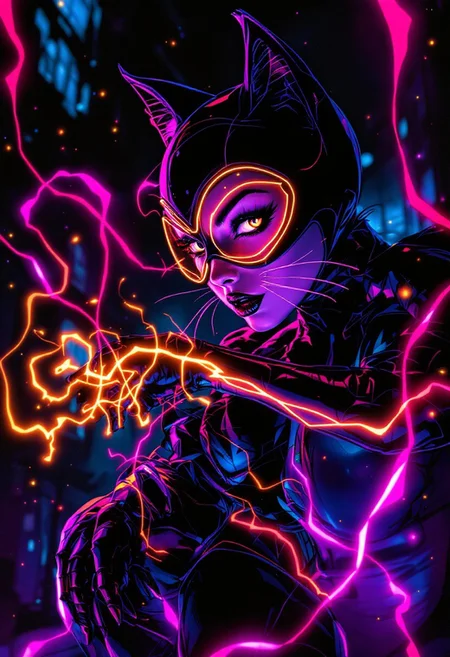 Amaro, neon glowing line drawing, catwoman in Tim Burton style, Medium shot, dynamic pose, Instagram, Neogothic Art, fantastic aesthetic, vibrant, beautiful elegant, ambient, cinematic atmosphere, intricate detail, dynamic cinematic color, intense, imposing background