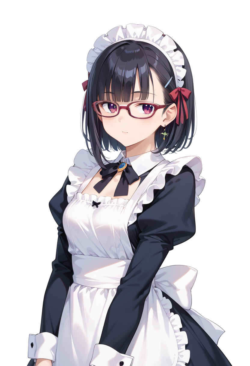 score_9, score_8_up, score_7_up, rating_safe, masterpiece, best quality, absurdres, unity 8k wallpaper, official art, official style, source_anime, uncensored, game cg, megami magazine,
1girl, solo, black hair, medium hair, upper body, covered eyes,maid, maid headdress, black dress, maid apron, face focus,
oval_cell, glasses, still life, white background, simple background, red-framed eyewear,
 <lora:glasses_OvalCell2_PONY_V1:1>
