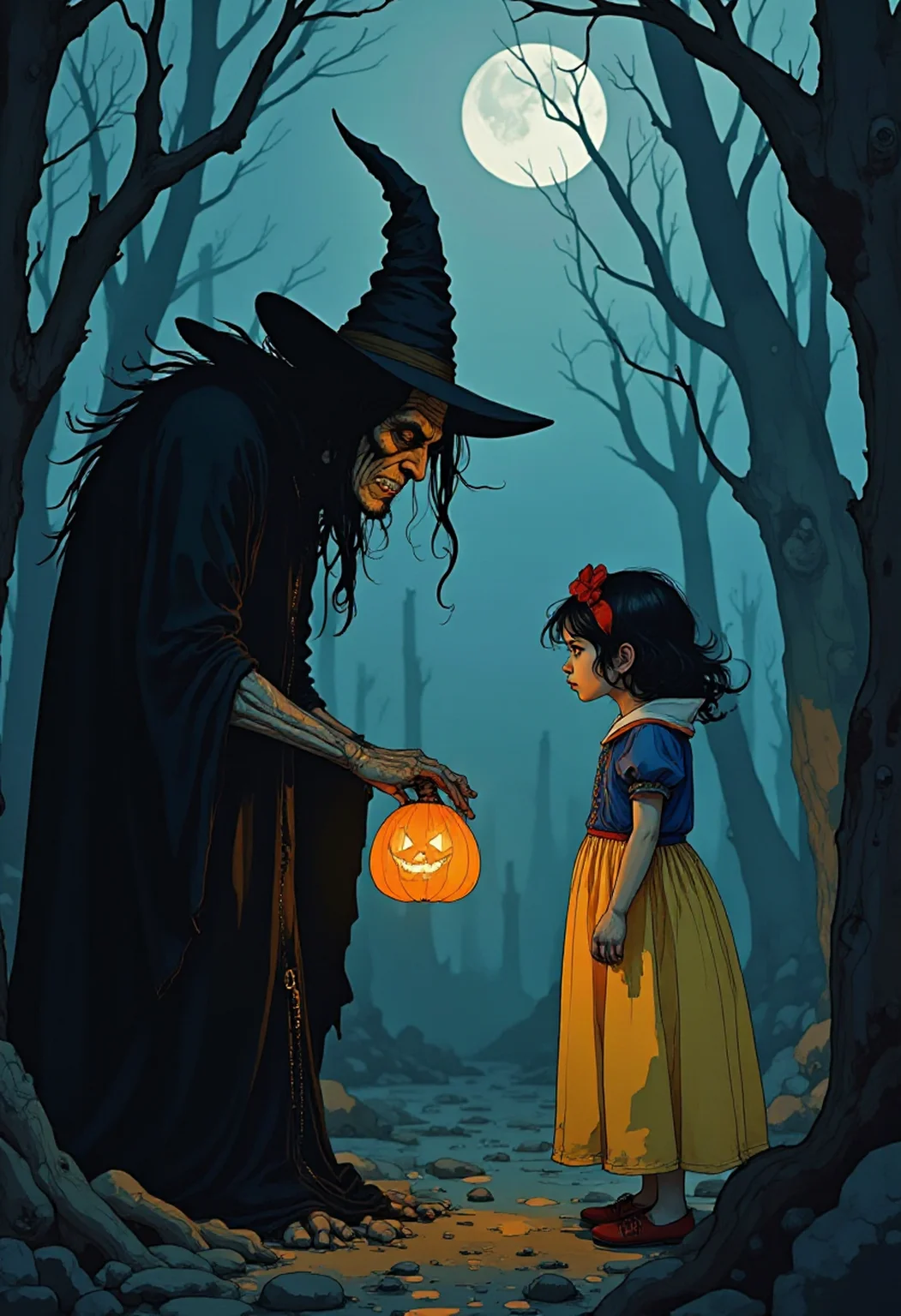In a dimly lit, twisted forest, the wicked old witch stands hunched, her gnarled fingers gripping a small, sinister-looking pumpkin. The witch's face is a twisted mask of malice, with hollowed eyes and a crooked nose. Her dark, tattered robes blend with the shadowy surroundings, only her bony hand holding the poisoned pumpkin stands out, glowing faintly under a pale, eerie moonlight. An aged and tall Snow White,radiant, stands just a few steps away, dressed in her iconic blue and yellow dress, her delicate face showing a mix of curiosity and fear. The orange pumpkin looks unnaturally vibrant and full of a mysterious danger, contrasting sharply with Snow Whiteâs soft, fair skin. The air is thick with tension as the witch extends the pumpkin toward Snow White, a sly, knowing smile on her lips.