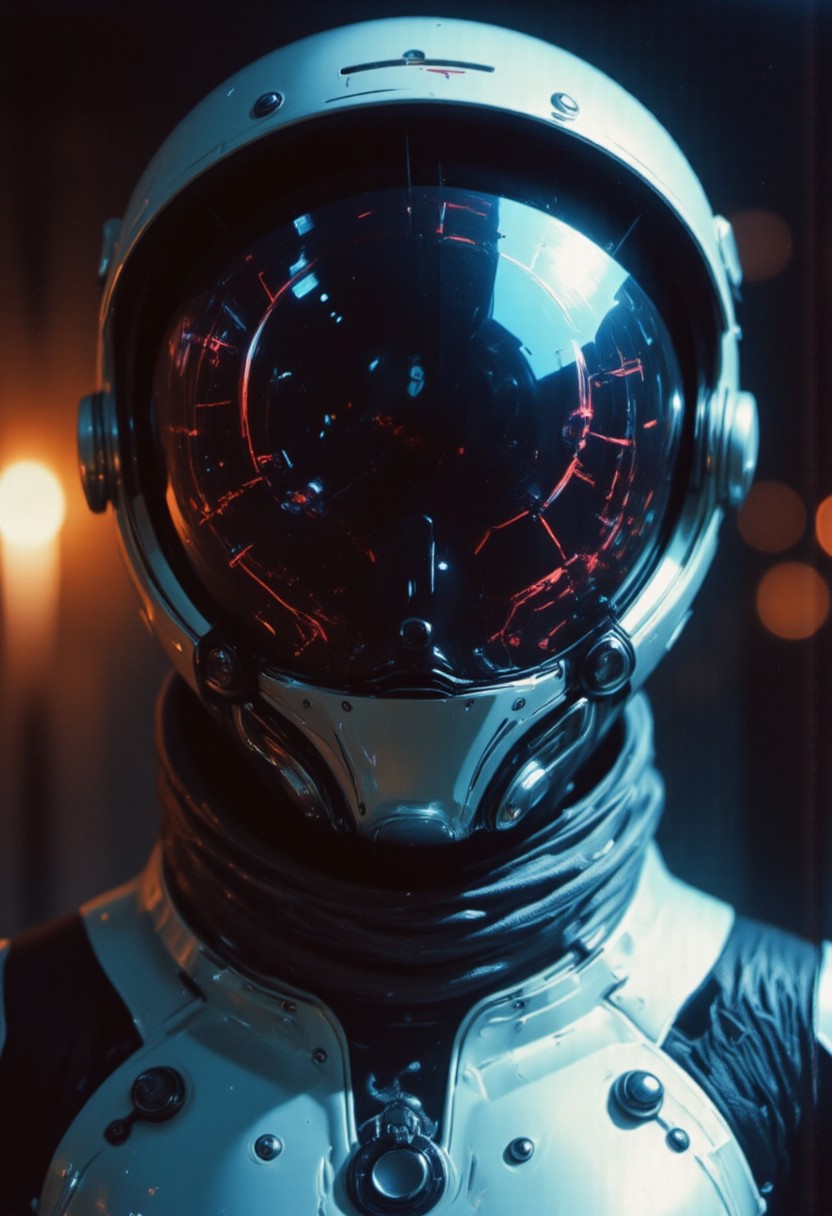 Photorealistic, Vintage analog Photo, hyperdetailed, realistic, m100-style, Astronaut, heavy armored with shiny Metal Finish, with a Planet hat, Closeup Portrait, intricate neon glowing Face lines, Face Closeup Portrait, low quality 1980 movie screengrab, furios dancing, atmospheric Mist, billowing very Long whatever colorful, neon ascii Art Background, dystopian, low-key, deep darks, floating in deep dark space