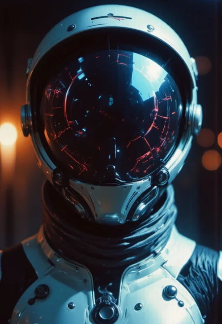 Photorealistic, Vintage analog Photo, hyperdetailed, realistic, m100-style, Astronaut, heavy armored with shiny Metal Finish, with a Planet hat, Closeup Portrait, intricate neon glowing Face lines, Face Closeup Portrait, low quality 1980 movie screengrab, furios dancing, atmospheric Mist, billowing very Long whatever colorful, neon ascii Art Background, dystopian, low-key, deep darks, floating in deep dark space