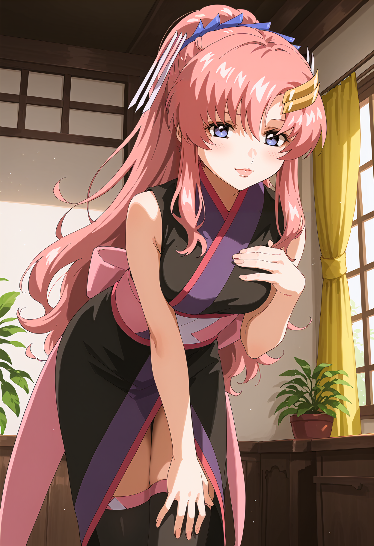 score_9, score_8_up, score_7_up, source_anime, rating_safe <lora:lacus_c_pony-000008:0.95> lacus_c, 1girl, anime coloring, solo, long hair, high ponytail, pink hair, hair ornament, hair ribbon, hair between eyes, purple eyes, lipstick, black sleeveless kimono, sash, black thighhighs, medium breasts, blush, leaning forward, looking at viewer,hand on own breasts, hand on own thigh,light smile, indoors, window, curtains,