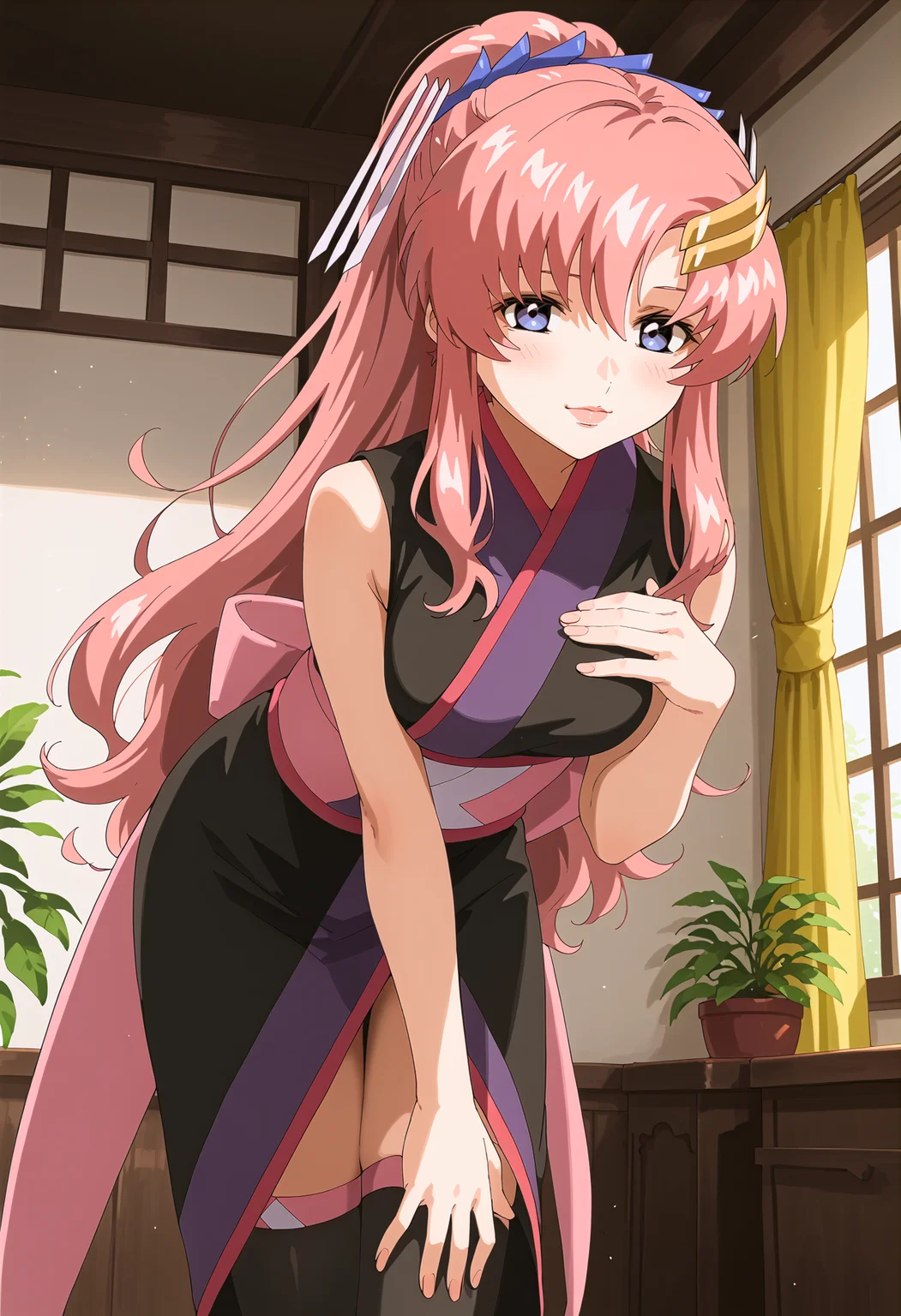 score_9, score_8_up, score_7_up, source_anime, rating_safe <lora:lacus_c_pony-000008:0.95> lacus_c, 1girl, anime coloring, solo, long hair, high ponytail, pink hair, hair ornament, hair ribbon, hair between eyes, purple eyes, lipstick, black sleeveless kimono, sash, black thighhighs, medium breasts, blush, leaning forward, looking at viewer,hand on own breasts, hand on own thigh,light smile, indoors, window, curtains,