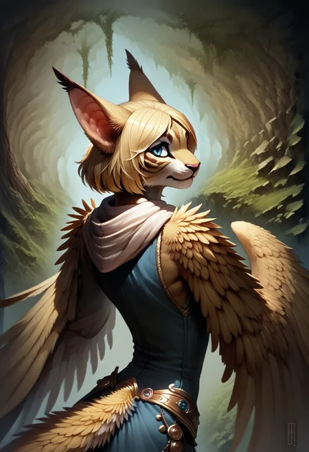 [Palagiri]:0.5
1 person, solo, androgynous, flat chest, anthro, ((prehensile tail, feathers at tip of tail, y-shaped tail feathers)):1.3, ((wingarms, winged arms)), feline face, feline nose, feline ears, long tail, large wings, ((wings folded close to body)):1.5, 
((Clothed)),
Blue eyes, blonde feathers, blonde hair, blonde fur, straight Bob haircut, shoulder-length hair,
Variety
((Tail curled around body)):1.2, 
Side view, close up, upper body focus,
Style: advntr, 4byss,
((cavern background, wall hangings, organic chamber, soft light, luminous moss)),
detailed face, detailed feathers, detailed wings, good lighting, semi-realistic, rating: pg, score: 8 up, score: 9