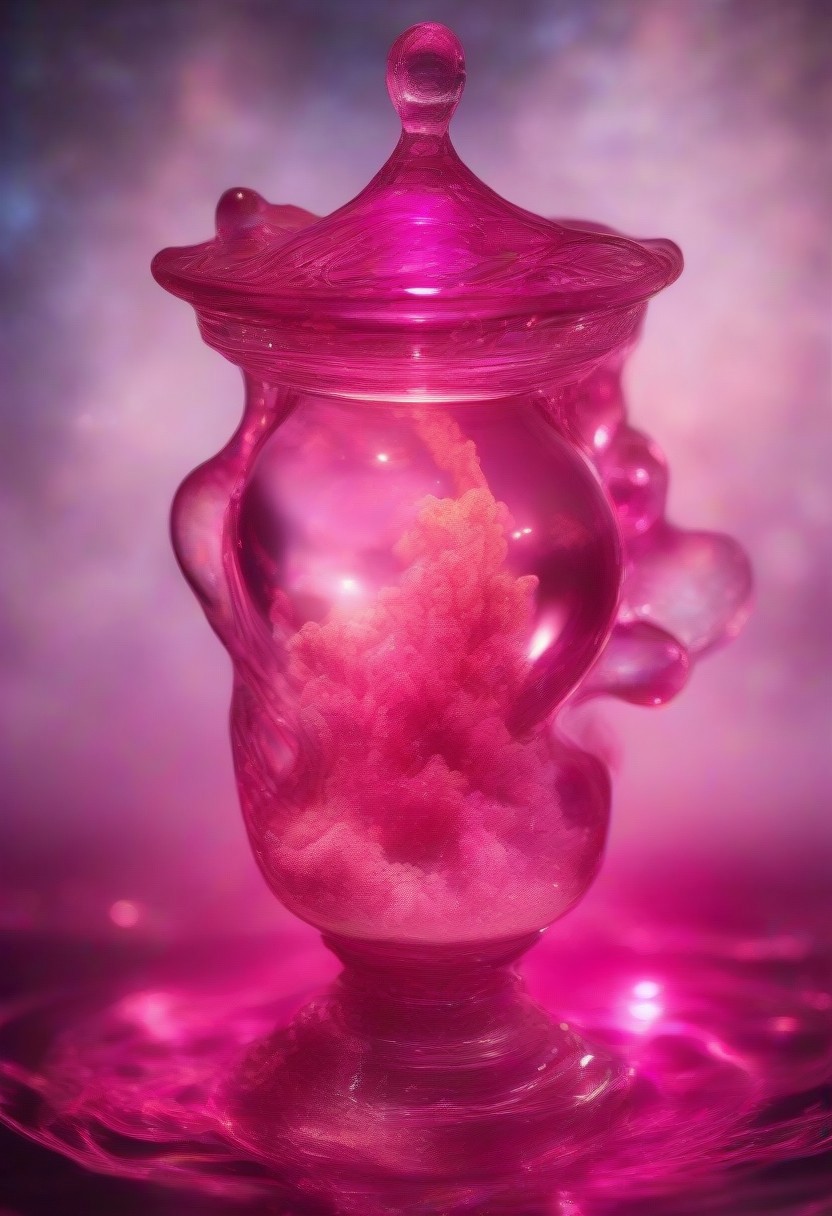 Score_9, Score_8, Photorealistic magic potion, intricate glass bottle, vibrant swirling pink colors, ethereal light, wax seal, cork, dynamic reflections, magical aura, highly detailed, fantasy essence, glowing particles, radiant aura