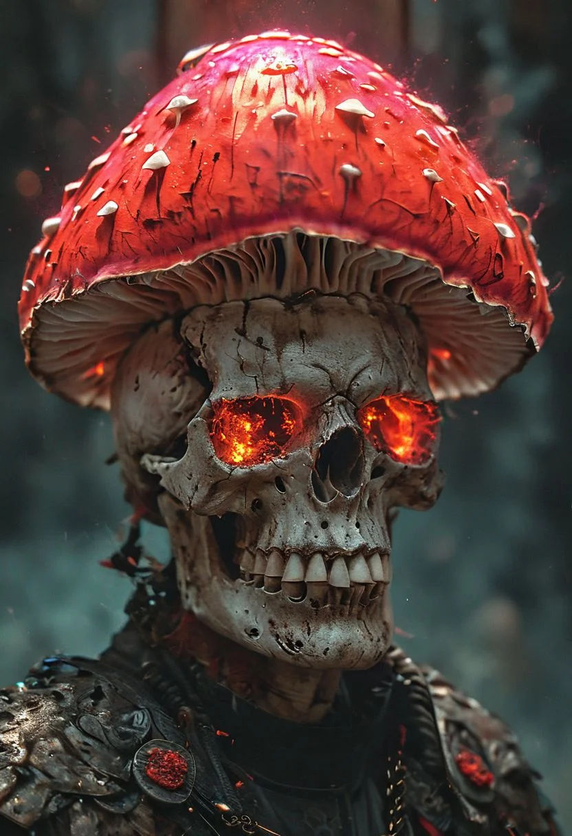 man,fungus, funji king,mushroom,half skull mask,red gas,glowing gas,concept art,character,
