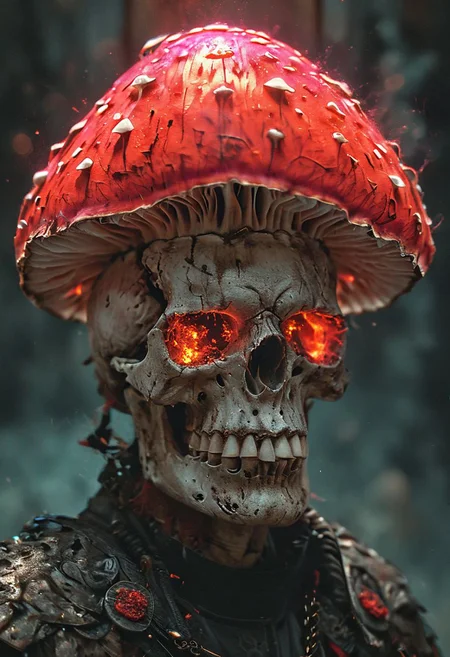 man,fungus, funji king,mushroom,half skull mask,red gas,glowing gas,concept art,character,