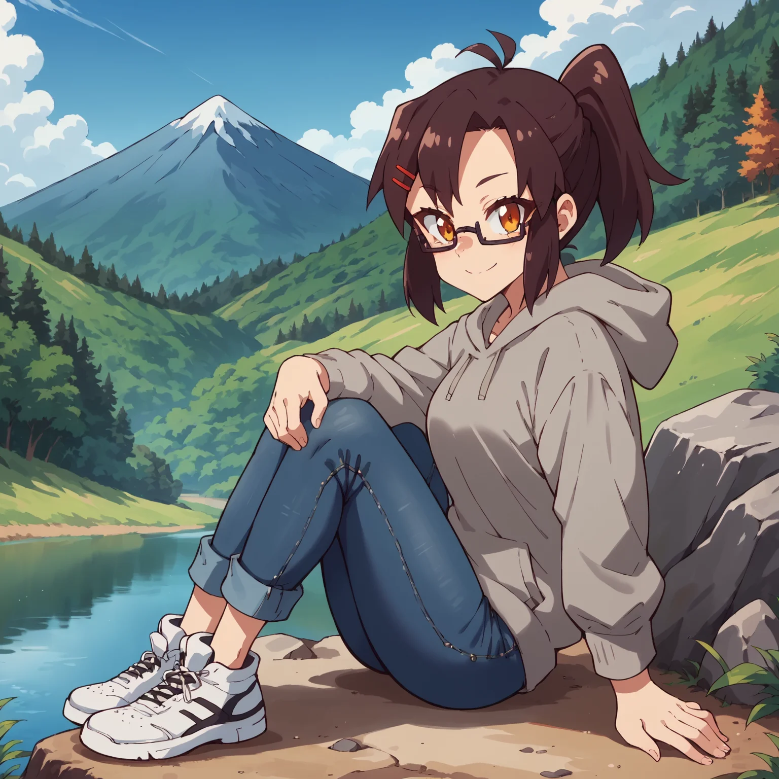 score_9, score_8_up, score_7_up, source_anime BREAK
1girl. outdoors, cowboy shot, grey hoodie, jeans, white sneakers, nature, mountain, river, looking at viewer, smile, sitting, knees up, rock, from side
koenji, glasses, red hairclip, high ponytail
<lora:Koenji-750:1>