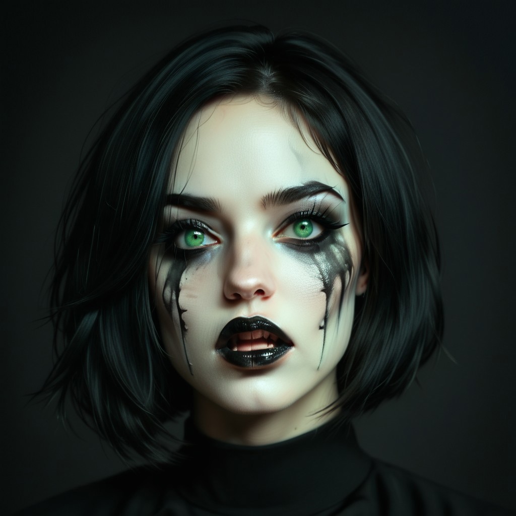 portrait of girl, white and black hair, bob haircut, black background, gothic makeup, ruined makeup, smudged makeup, with fangs visible, dark makeup, long eyelashes, high contrast, vibrant color palette, green eyes, black clothes, detailed face, sharp details, realistic digital painting, surprised expression, open mouth