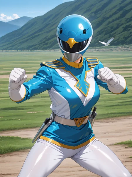masterpiece, best quality, amazing quality, very aesthetic, absurdres, newest,shiny skin, anime screenshot, anime coloring <lora:BlueSwallowIL:1>blueswallowil, solo, 1girl, helmet, gloves, female focus, belt, white gloves, bird, uniform mask, fighting stance, white_pants outdoors clenched hands,