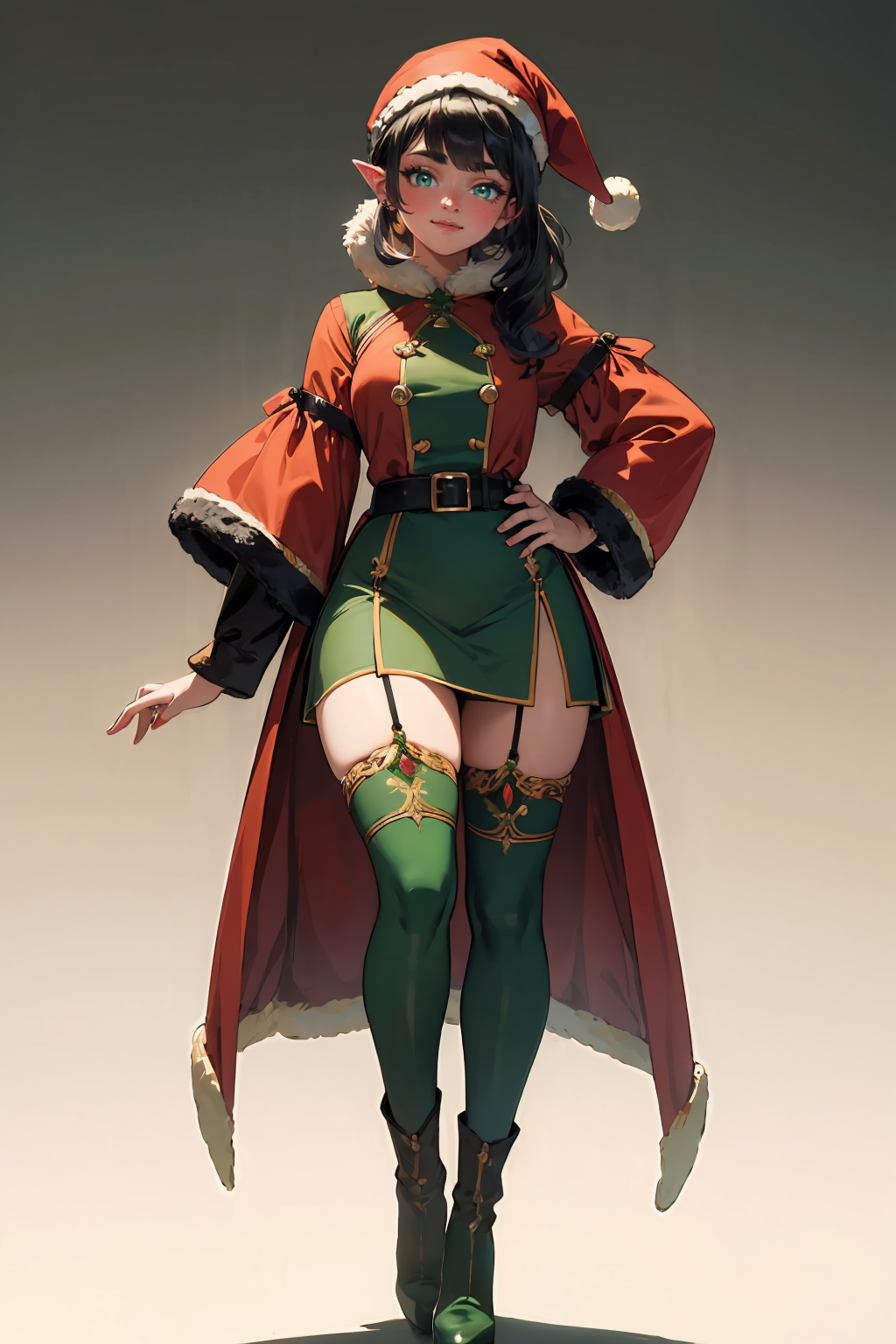 (masterpiece, best quality, highres, high resolution:1.2), extremely detailed, intricate details, 1girl, solo, looking at viewer, clamEmma, <lora:clamEmma:0.6>, (simple background, white background:1.2), full body, santa's elf, green outfit, stocking cap, high heel boots, smile, side-swept bangs, black hair, pink IncursioDipDyedHair, messy mid ponytail, green eyes, thick eyebrows, freckles, <lora:DipDyedHair:0.8>, <lora:weight_slider_v2:0.25>, (cinematic lighting, bloom, volumetric)