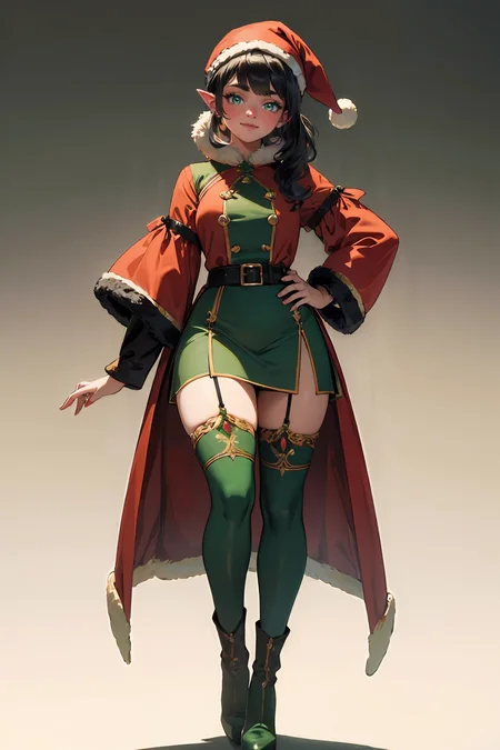 (masterpiece, best quality, highres, high resolution:1.2), extremely detailed, intricate details, 1girl, solo, looking at viewer, clamEmma, <lora:clamEmma:0.6>, (simple background, white background:1.2), full body, santa's elf, green outfit, stocking cap, high heel boots, smile, side-swept bangs, black hair, pink IncursioDipDyedHair, messy mid ponytail, green eyes, thick eyebrows, freckles, <lora:DipDyedHair:0.8>, <lora:weight_slider_v2:0.25>, (cinematic lighting, bloom, volumetric)