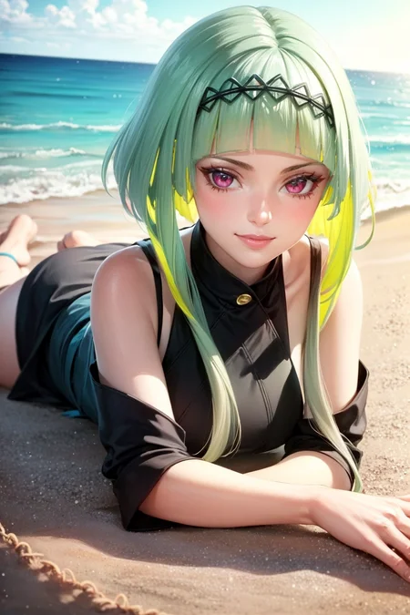 (ringo),beautiful,masterpiece, best quality, extremely detailed face,perfect lighting,smile, sidelocks,beach,outdoors,sunny,(1girl:1.3) <lora:ringo:1>