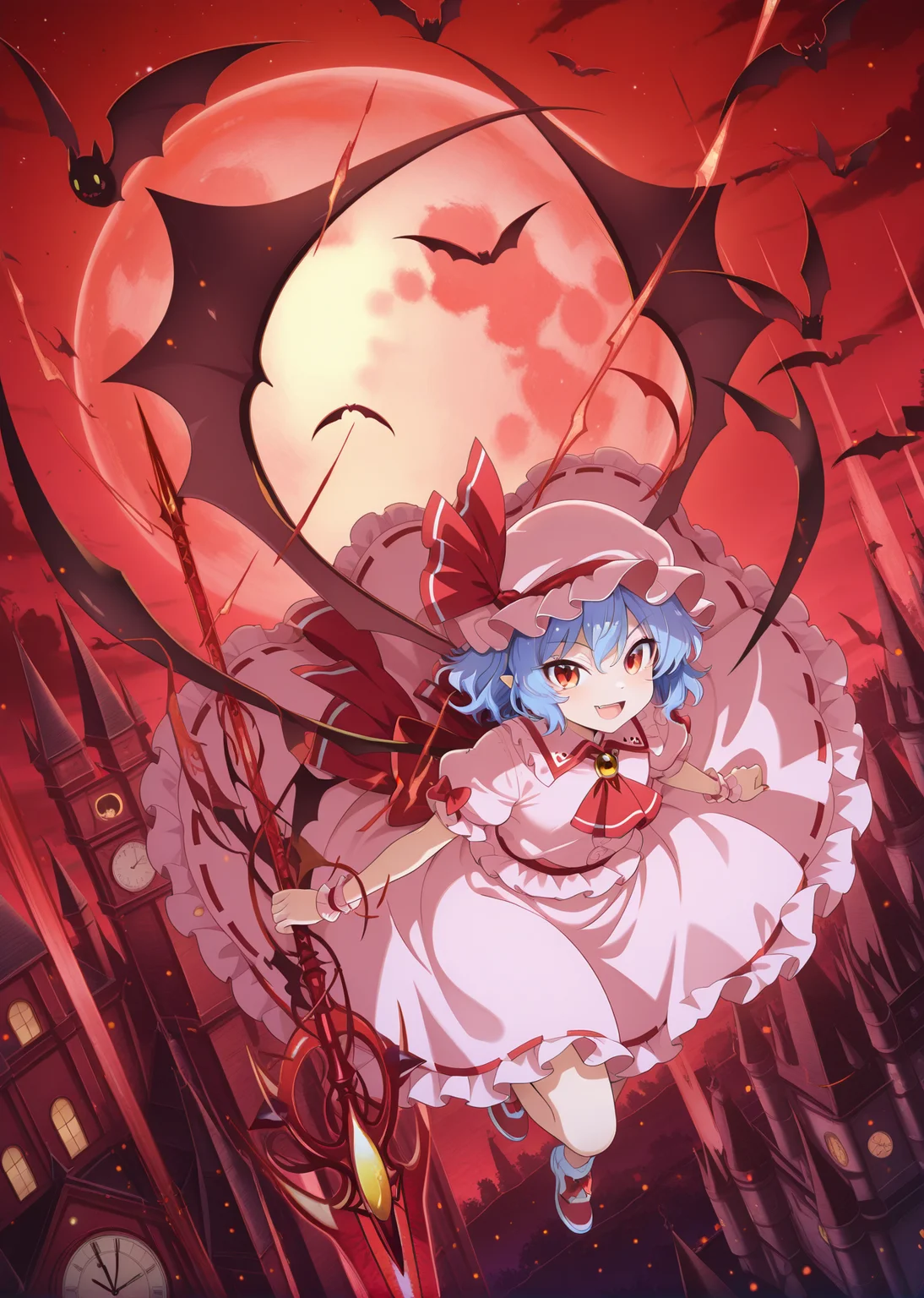 absurdres, highres, masterpiece, best quality, amazing quality, official anime artwork, screencap, anime screencap, outdoors, looking at viewer, smile, open mouth, dynamic pose,
bat, brooch, castle, clock tower, flying, full moon, light particles, moon, night, night sky, red moon, red sky, scarlet devil mansion, spear the gungnir, star \(sky\), starry sky, tower,
<lora:Remilia_Scarlet:1> Remilia Scarlet, 1girl, solo, red eyes, blue hair, short hair, wings, bat wings,, hat, hat ribbon, ribbon, ascot, short sleeves, frills, puffy sleeves,