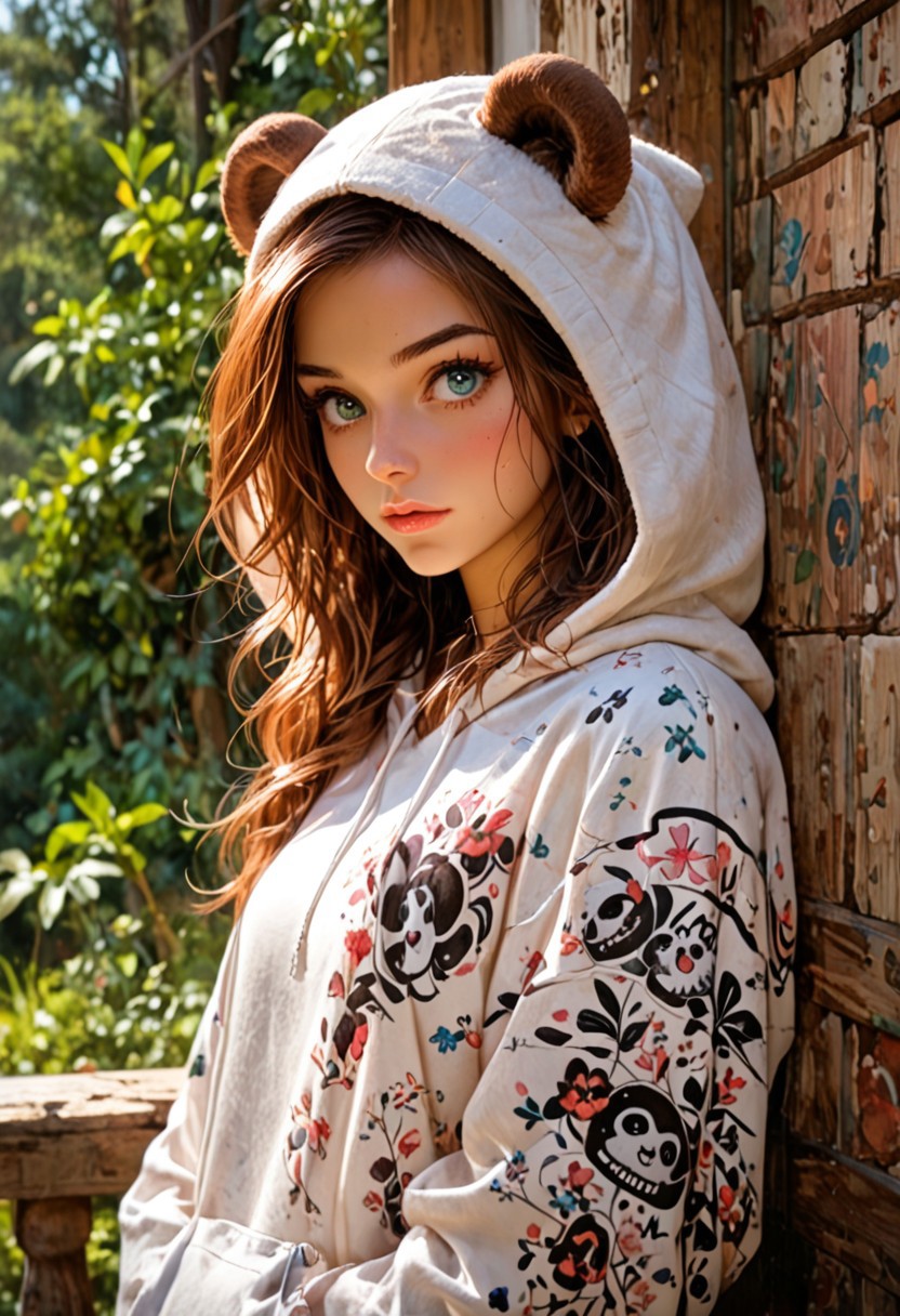 score_9, score_8_up, score_7_up, score_6_up, god rays, interesting background, unique background, dramatic light, dramatic pose, dramatic angle
A cute girl with long, straight brown hair is wearing a fluffy, panda-themed hoodie with panda ears. Her expression is soft and slightly surprised, giving her an adorable and innocent look. The background is plain, emphasizing her and her cozy outfit. [romantic impressionism,dream scenery art,beautiful oil matte painting,romantic,style of thomas kinkade,beautiful digital painting,anime landscape,romantic painting,dreamlike digital painting,colorful painting,beautiful gorgeous digital art,style of greg rutkowski,janek sedlar,jenny saville:0]