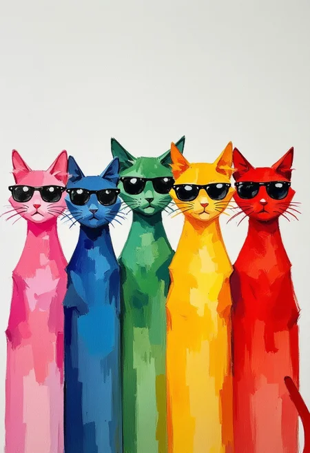 oil painting of 5 kittens in a row wearing sunglasses.They are pink,blue,green,yellow,red.
in the style of frank frazetta