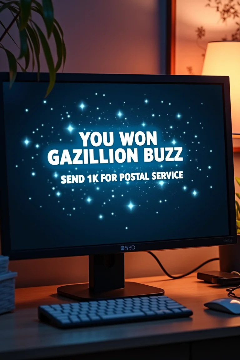 a desktop pc monitor with nice text "YOU WON GAZILLION BUZZ" "SEND 1K FOR POSTAL SERVICE"