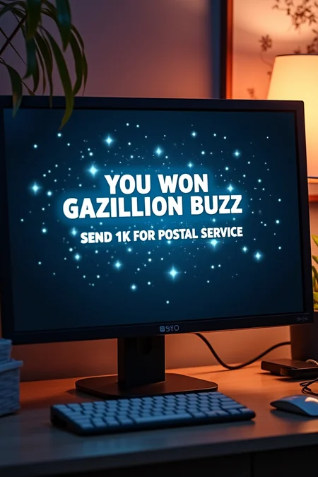 a desktop pc monitor with nice text "YOU WON GAZILLION BUZZ" "SEND 1K FOR POSTAL SERVICE"