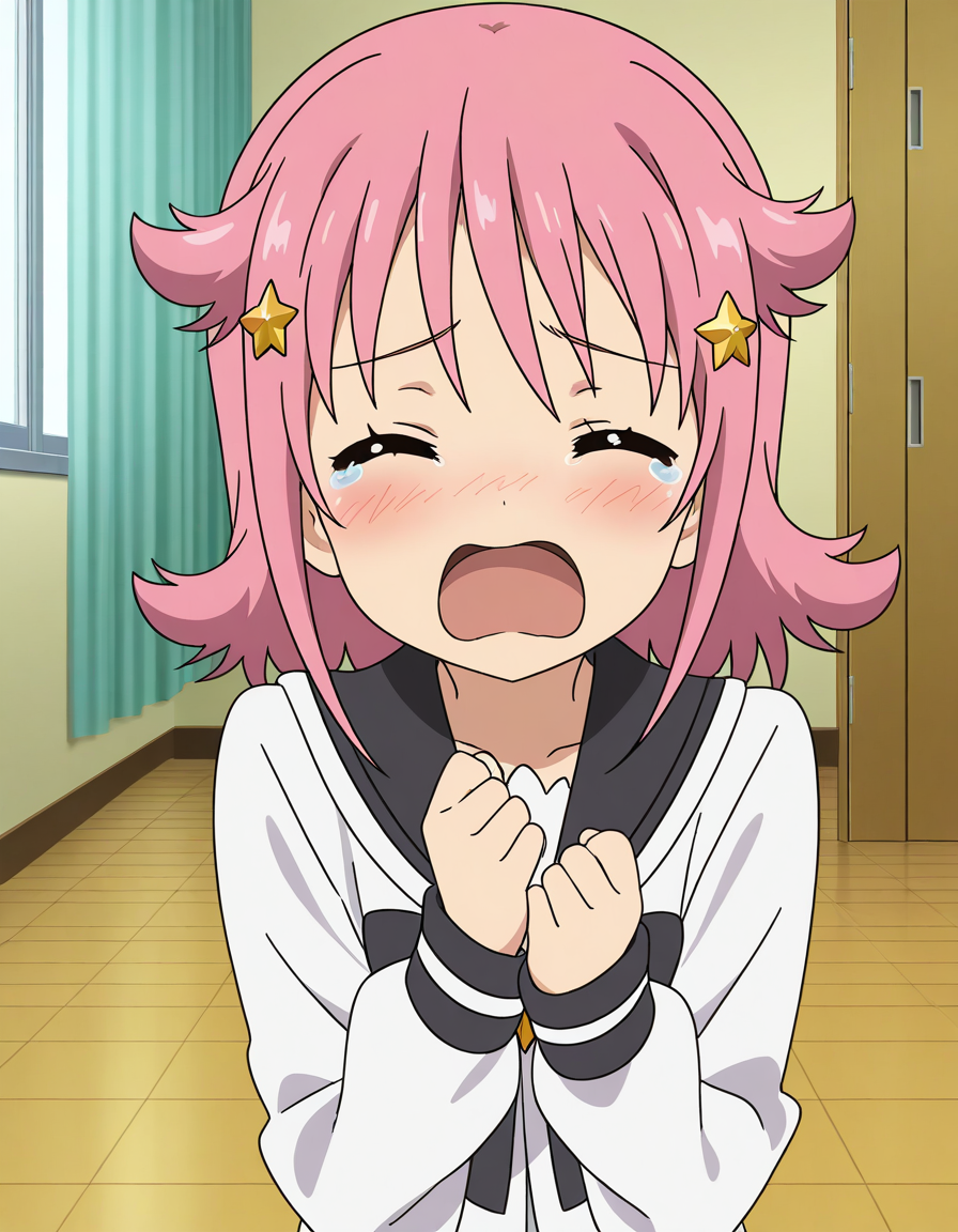 general,highres, ultra-detailed,very aesthetic,best quality ,best hands,  BREAK <lora:Subaru_Houkago_no_Pleiades_IS:1>subaru(Pleiades), 1girl, pink hair, short hair, brown eyes, star hair ornament, anime coloring,
tears, closed eyes, school uniform, open mouth, parody, long hair, blush, sailor collar, serafuku, braid,
room, flooring,curtain,