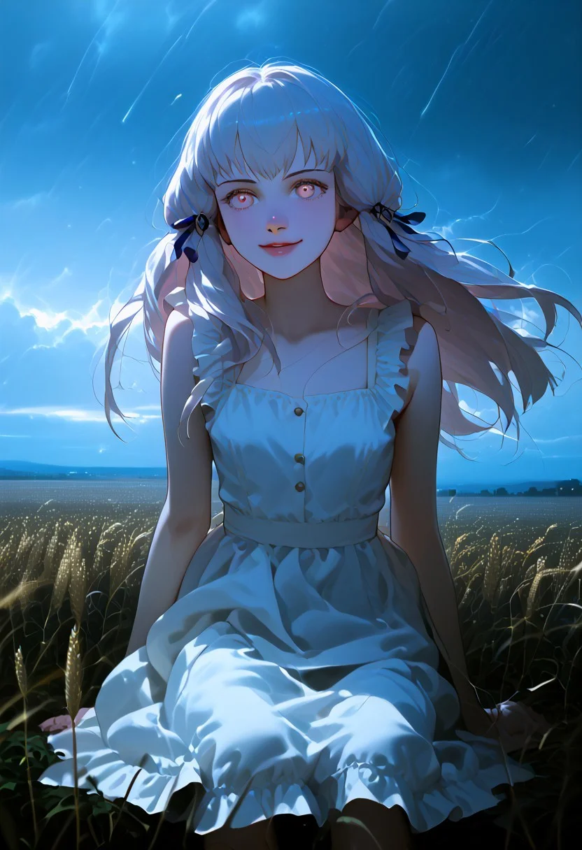 1girl, lysithea von ordelia, fire emblem three houses, ,, , , dainty hands, girly hands,, , , , solo, , BREAK score_9, source_anime, score_8_up, score_7_up, (cool colors:1.2), highly detailed, aesthetically pleasing,, smile, overcast, stormy, thunderclouds, , , , petite, sundress, detailed face, detailed eyes, thin waist, , , small breasts, , , detailed eyes, outdoors, wheat field, dark sky, moody atmosphere, sitting, flowers, detailed face, pink lips, pale skin, detailed skin, beautiful face, beautiful eyes, cool color palette, dark lighting, moody, overcast sky, windy, wind