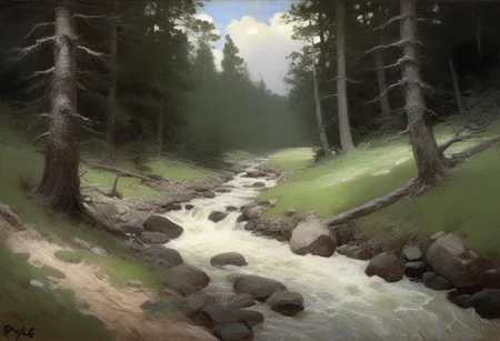 Pyle Painting, pyle landscape painting of a stream running through a dense forest