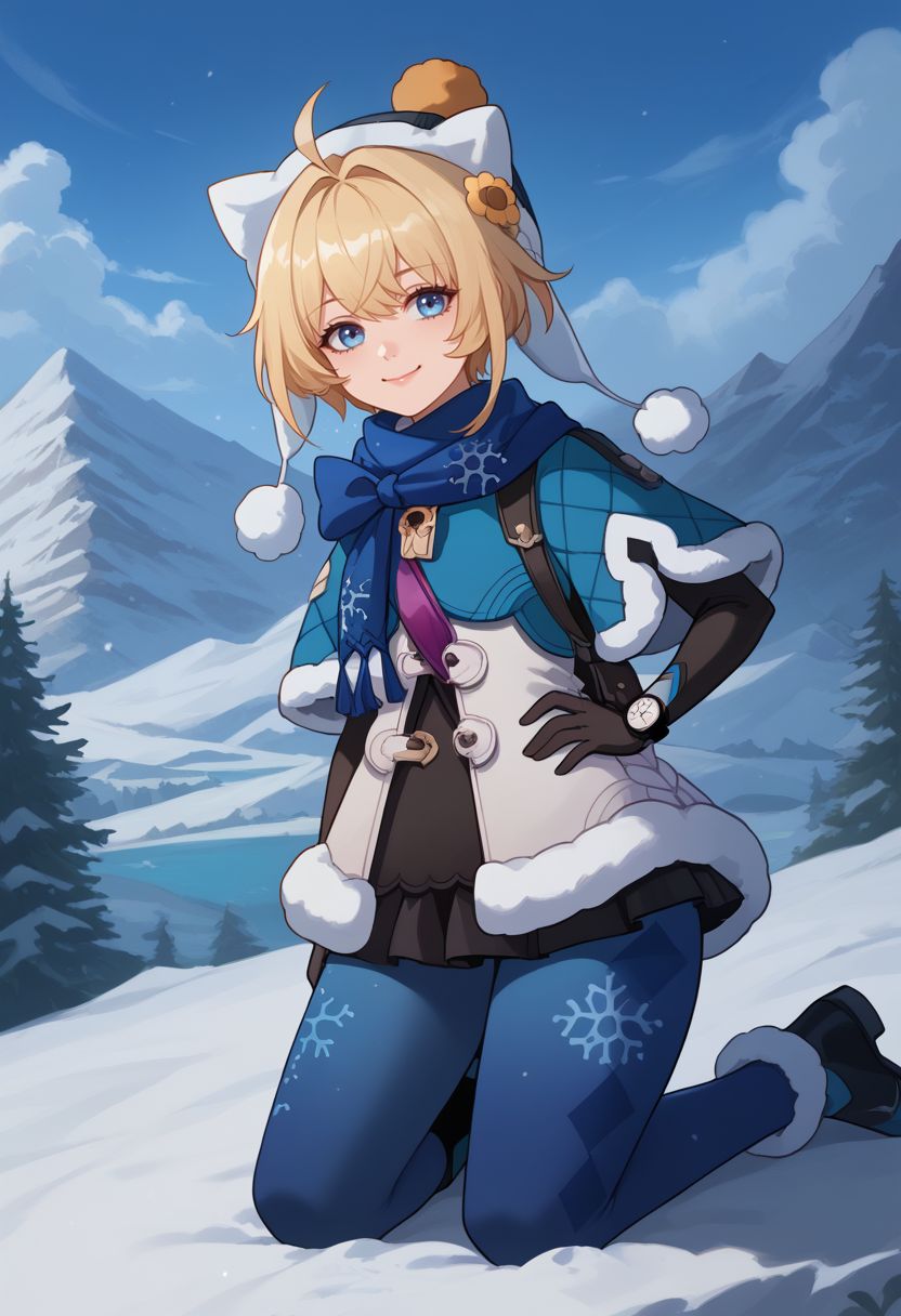 score_9, score_8_up, score_7_up, source_anime, 1girl, lynxlandaudef, 1girl, blue eyes, blonde hair, short hair, ahoge, hat, blue scarf, fur trim, fur-trimmed capelet, blue capelet, white jacket, winter clothes, blue pantyhose, snowflake print, black elbow gloves, watch, fur-trimmed boots, wariza, kneeling, smile, looking at viewer, outdoors, snow, mountain, close-up, hand on hip, upper body, <lora:LynxLandau_v1-000010:1>