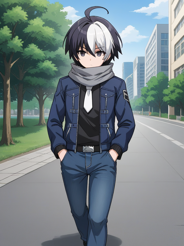 1boy, solo, sethuni, two-tone hair, multicolored hair, black hair, white hair, ahoge, black eyes, blue jacket, cropped jacket, open jacket, black shirt, white necktie, grey scarf, denim pants, outdoors, city, path, trees, walking, hands on pocket,