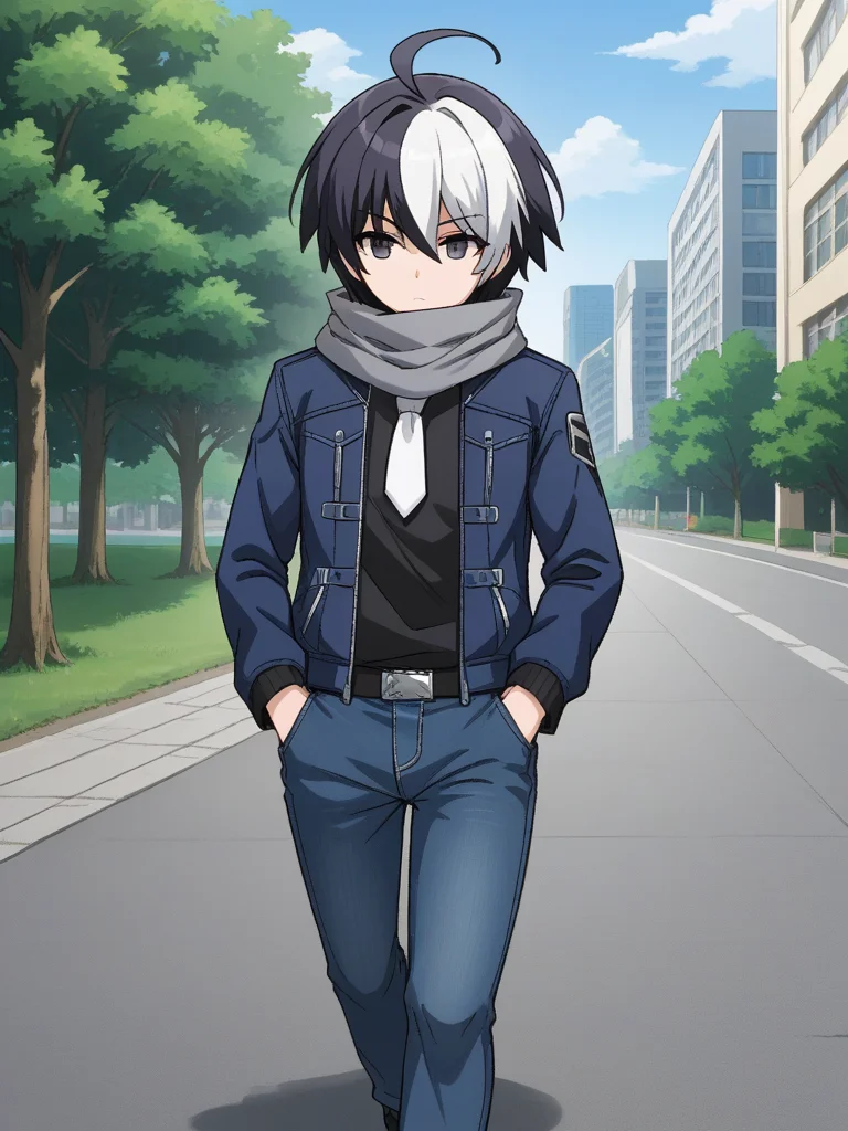 1boy, solo, sethuni, two-tone hair, multicolored hair, black hair, white hair, ahoge, black eyes, blue jacket, cropped jacket, open jacket, black shirt, white necktie, grey scarf, denim pants, outdoors, city, path, trees, walking, hands on pocket,