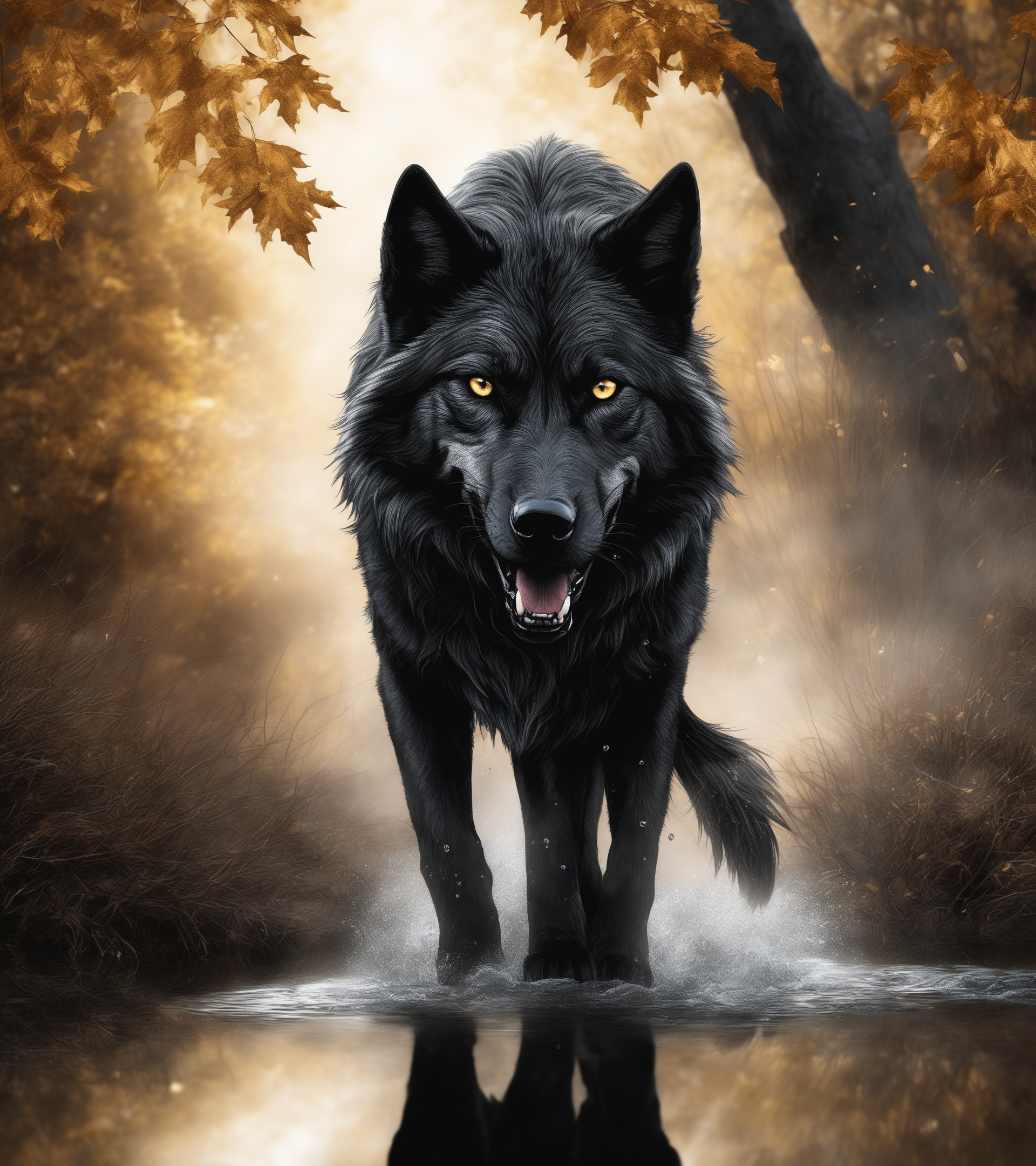 a full-body shot, detailed portrait of Fenrir a darkcoal wolf, front view, long dark fur, gold fur, dark gold theme, dark noir style, perfect symmetrical eyes and iris, golden sclera, (fang teeth, canines:1.1).
He walks relaxed between scattered trees on a withered, grassy steppe in a streamlet. The ground is littered with leaves. At golden hour, autumn, autumn leaves.
Water,  puddle of  water, reflective surface, huge liquid water splash and droplets, volumetric lighting, god rays, ray tracing, lumen, shallow depth of field, sharp focus, high contrast.
There is a misty or smoky atmosphere around the figure, giving the picture a mystical element. The picture is in a monochromatic scheme, mainly with shades of black, white and gray.
(dystopian style,  highly detailed, bleak, post-apocalyptic, somber, dramatic),
8k UHD, RAW photo, HDR, photorealistic, photo realism, long shot