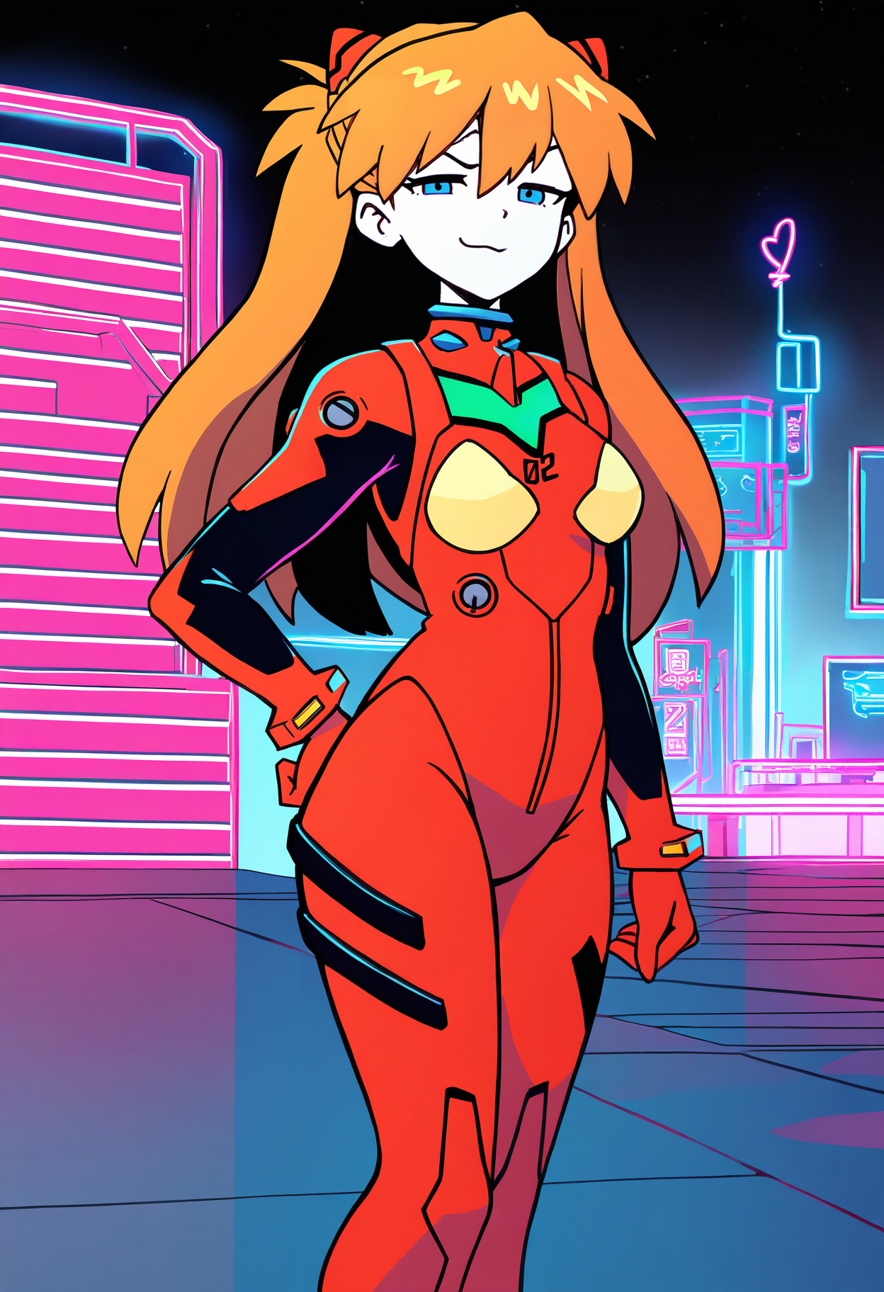 masterpiece, best quality, very aesthetic, absurdres,
1girl, asuka langley, red plugsuit, standing, smug, looking at viewer, futuristic background, neon light , buildings, night  <lora:OmoriNoobLocon_byKonan:1>