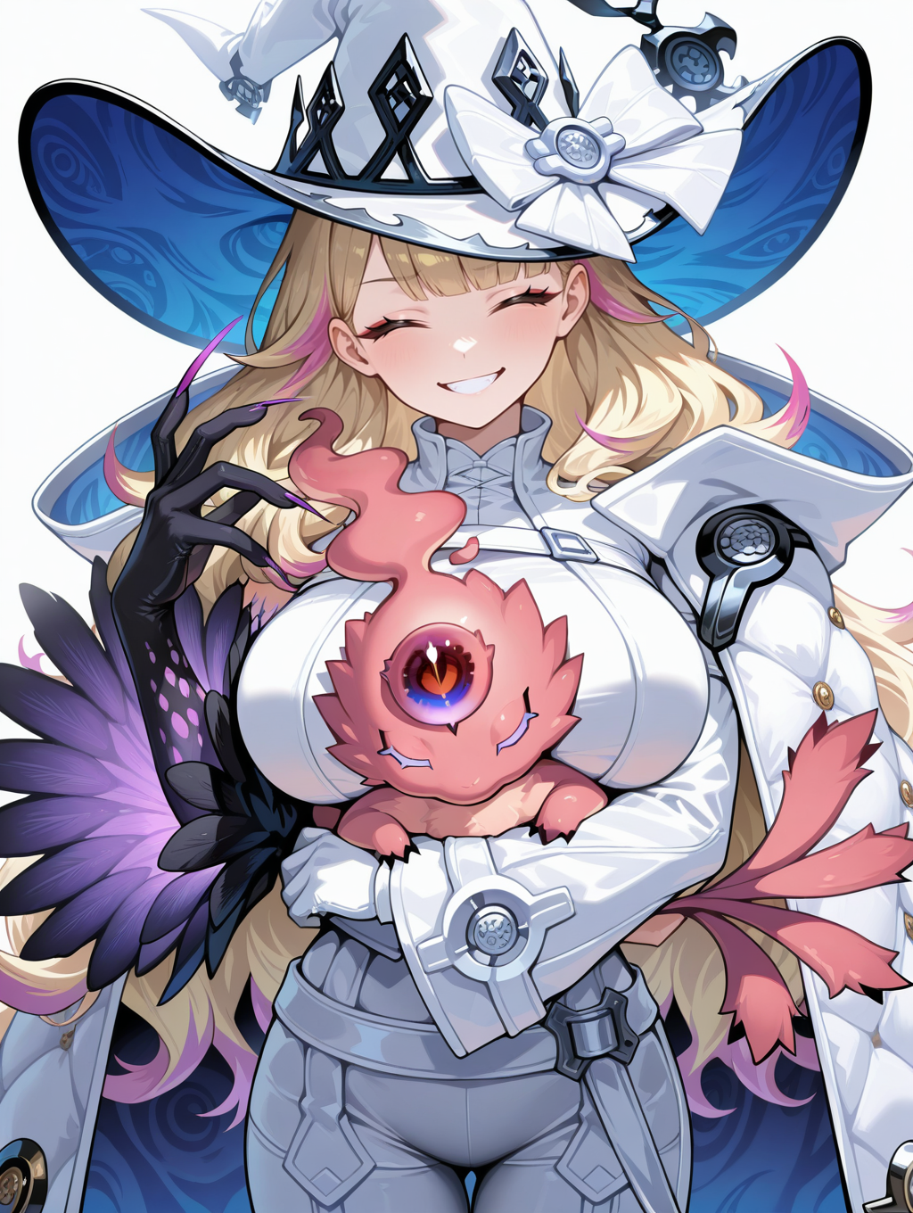 diabellze the original sinkeeper,1girl,1other,snake eyes poplar,smile,looking at viewer,large breasts,white coat,white witch hat,single purple elbow glove,white bodysuit,holding creature,closed eyes,creature,solo,very long fingernails,evil grin,white background,simple background,cowboy shot,
masterpiece,best quality,amazing quality,very aesthetic,absurdres,newest,<lora:diabellstar the black witch and original sinkeeper illuXL v1.2:0.8>,