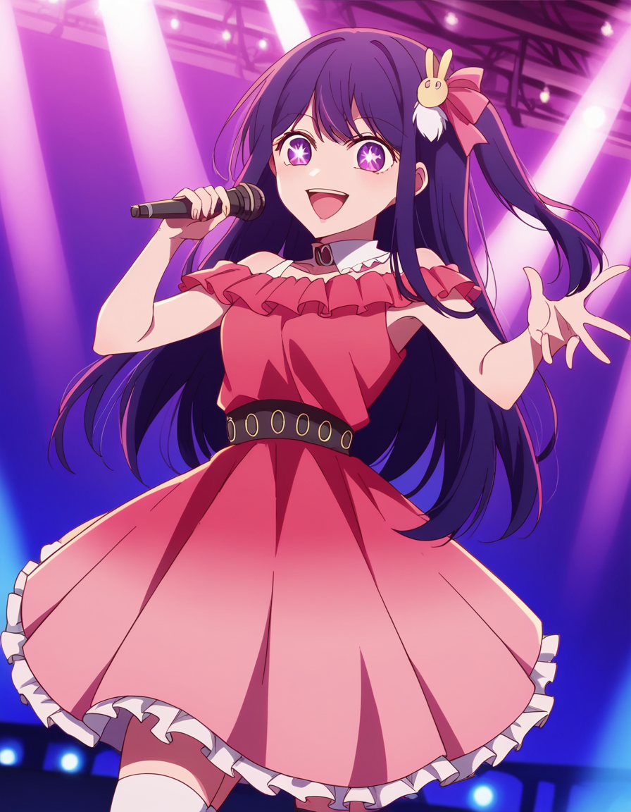 score_9, score_8_up, score_7_up, source_anime,
aihoshino, <lora:ai-hoshino-s1-ponyxl-lora-nochekaiser:1>,
ai hoshino, long hair, bangs, purple eyes, purple hair, symbol-shaped pupils,
one side up, hair ornament, hair ribbon, skirt, thighhighs, white thighhighs, zettai ryouiki, idol, dress, pink dress, sleeveless, pink skirt, frilled skirt, bare shoulders, collar, white collar,
stage, stage lights, microphone, holding microphone, singing, open mouth, smile,
looking at viewer, cowboy shot, dutch angle, solo,