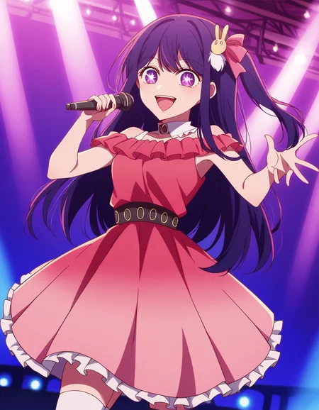 score_9, score_8_up, score_7_up, source_anime,
aihoshino, <lora:ai-hoshino-s1-ponyxl-lora-nochekaiser:1>,
ai hoshino, long hair, bangs, purple eyes, purple hair, symbol-shaped pupils,
one side up, hair ornament, hair ribbon, skirt, thighhighs, white thighhighs, zettai ryouiki, idol, dress, pink dress, sleeveless, pink skirt, frilled skirt, bare shoulders, collar, white collar,
stage, stage lights, microphone, holding microphone, singing, open mouth, smile,
looking at viewer, cowboy shot, dutch angle, solo,