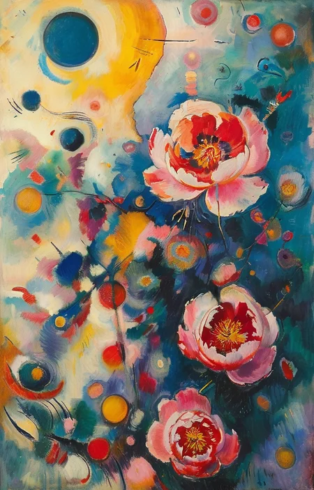 masterpiece,best quality,<lora:tbh287-sdxl:0.9>,illustration,style of Wassily Kandinsky decaying peonies