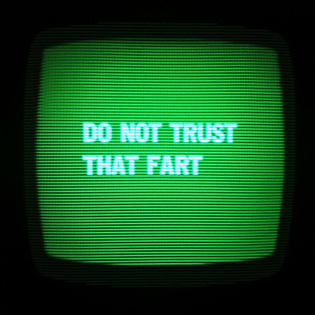 close shot of a crt screen Retro Glitch, low poly green cloud, toilet, colorful, over saturated, desintegrate, trippy_pa style, crt, written "Do Not Trust That Fart"