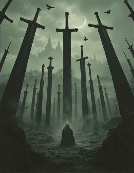 a lone, hooded figure meditating amidst a field of fallen giant swords. The figure is shrouded in shadow, with only a faint outline visible. crows circle overhead, casting long shadows on the ground. The background is a misty, desolate landscape with a ruined castle in the distance. The overall style is dark, atmospheric, and mysterious, with a focus on the figure's isolation and the haunting atmosphere of the scene. The composition should be centered around the figure, with the swords and landscape providing a dramatic backdrop. Use a muted color palette, with shades of gray, green, and brown dominating the image, <lora:aidmaMJ6.1_v0.3:0.6>, <lora:flux.1_lora_flyway_Epic-detail_v2:0.6>, <lora:- Flux1 - soothing_atmo_V2.0:0.3>