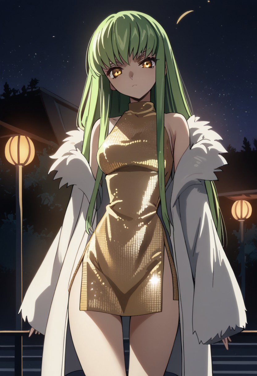 score_9,  score_8_up, score_7_up, score_6_up, source_anime,
1girl, b3yum1, green hair, long hair, yellow eyes, bangs, disco dress, microdress, fur coat, white jacket, night, (bare thighs:1.1), looking at viewer, backlighting, lamppost, head tilt, looking down