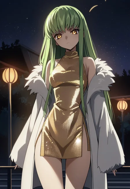 score_9, score_8_up, score_7_up, score_6_up, source_anime,
1girl, b3yum1, green hair, long hair, yellow eyes, bangs, disco dress, microdress, fur coat, white jacket, night, (bare thighs:1.1), looking at viewer, backlighting, lamppost, head tilt, looking down